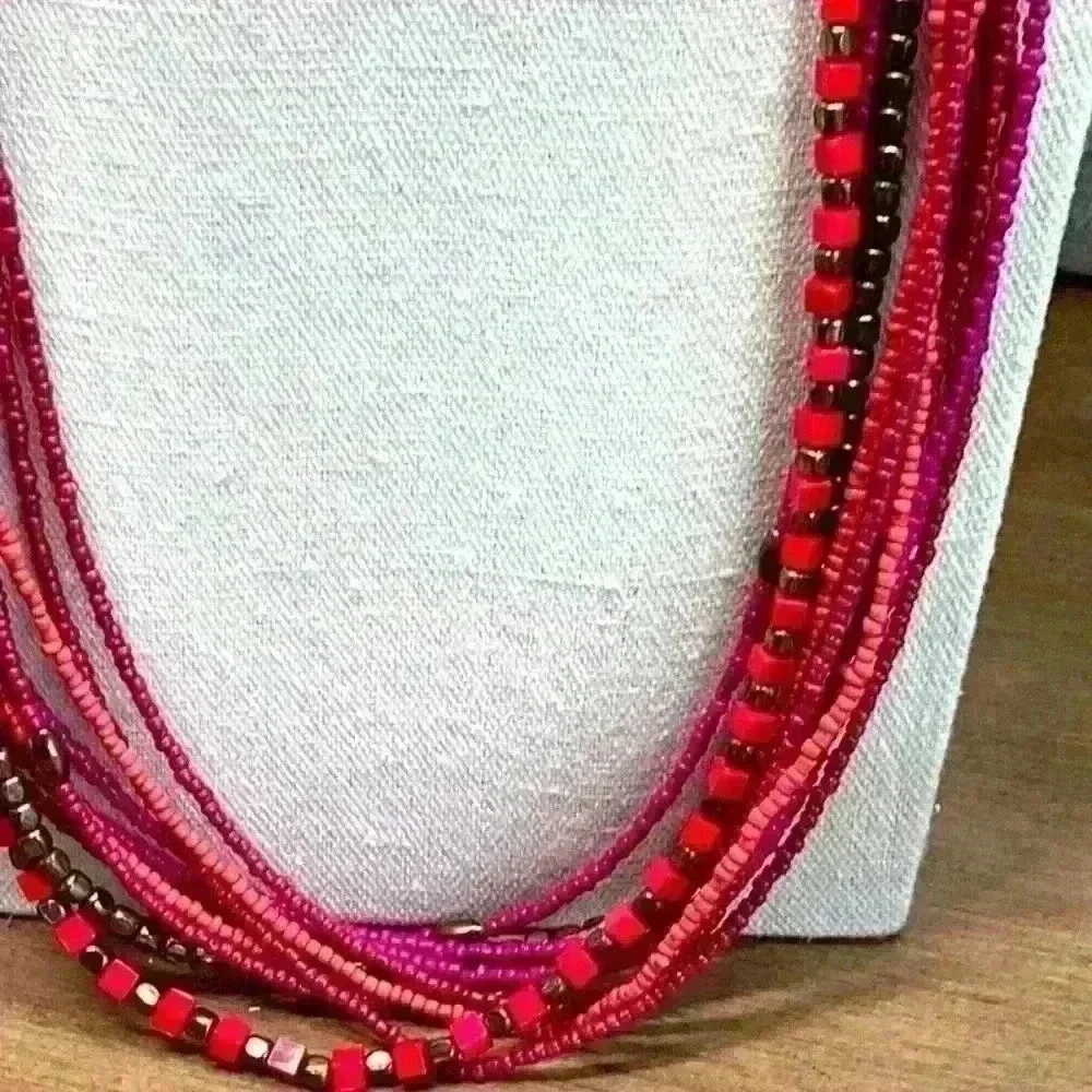 Vintage Long Seed Bead Necklace - Red and Purple
